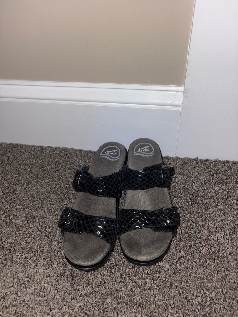 Dansko Black Patent Two-Strap Buckle Slide Sandals
